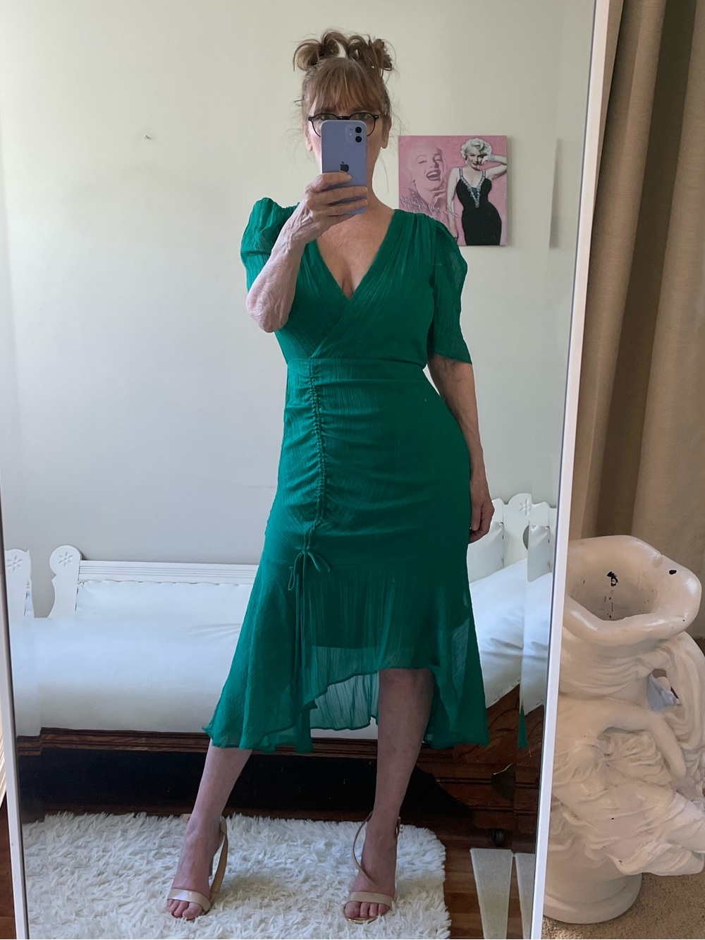 DKNY GREEN SHEER SHORT SLEEVE DRESS METALLIC THREAD RUCHED LINED ZIPPER FLOUNCE
